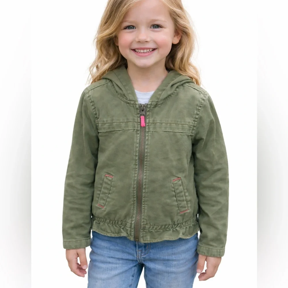 Cat & Jack Girls Olive Green Hooded Utility Jacket Size 6X Full Zip